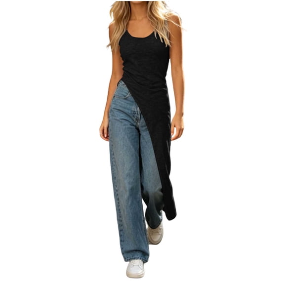 Hulanddfd Women's Tops Square-Neck Sleeveless Asymmetric-Hem Fitted Solid Longline Tank Top Black Size S