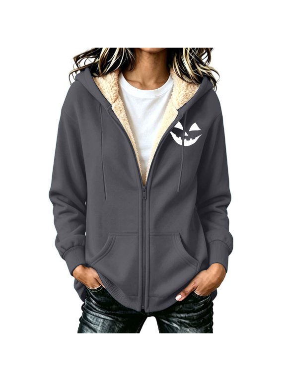 Women's Zip-Up Hooded Sweatshirt Pumpkin Face Print Long Sleeve Casual Jacket with Pockets for Daily Wear