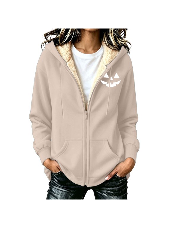 Women's Zip-Up Hooded Sweatshirt Pumpkin Face Print Long Sleeve Casual Jacket with Pockets for Daily Wear