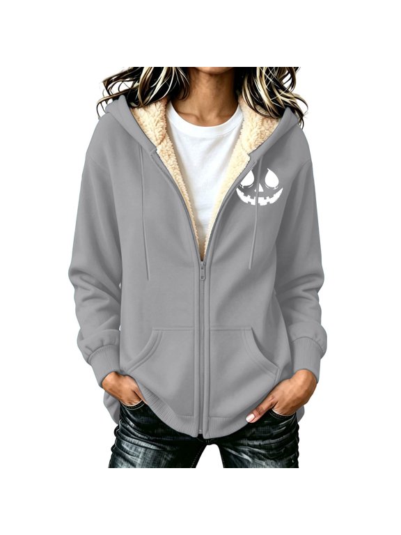 Women's Zip-Up Hooded Sweatshirt Smile Face Print Long Sleeve Casual Jacket with Pockets for Daily Wear