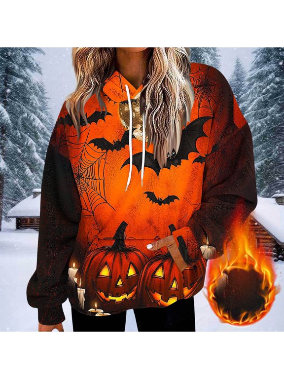 Womens Hooded Orange Pumpkins Pullover, 5D Print Halloween Spider Web Drawstring Sweatshirt, Casual Top