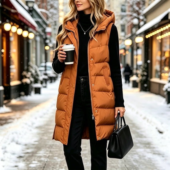 Hulanddfd Womens Outerwear Hooded Long Puffer Vest, Sleeveless Quilted Zip-Up Winter Coat with Pockets, Warm Full-Length GiletOrange3XL