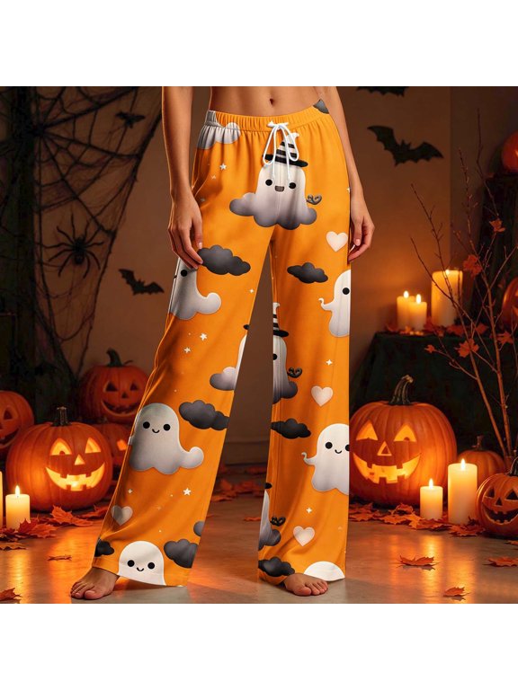 Womens Pants Cute Ghost Clouds Print Wide Leg Trousers, Black Drawstring Lounge Pants with Hearts & Stars, Sleepwear