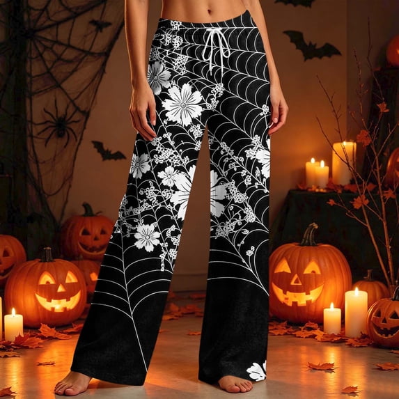 Hulanddfd Womens Pants Floral Spider Web Line Print Wide Leg Trousers ...
