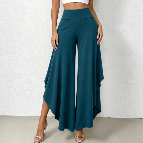 Hulanddfd Womens Pants High Waist Asymmetrical Wide Leg Trousers, Teal Draped Ruffle Hem Palazzo Pants with Pockets, Casual Bottoms