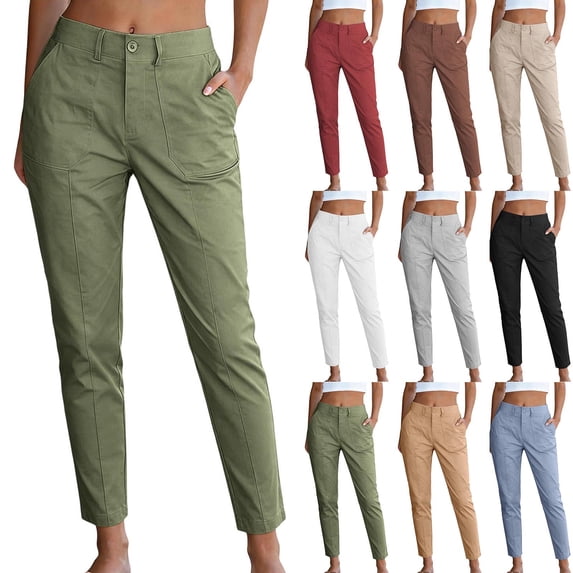 Hulanddfd Womens Pants High Waist Cargo Trousers, Olive Button Fly Straight Leg Pants with Pockets, Casual 9/11 Length Bottoms