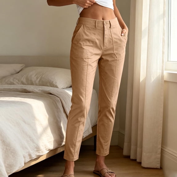 Hulanddfd Womens Pants High Waist Cargo Trousers, Olive Button Fly Straight Leg Pants with Pockets, Casual 9/49 Length Bottoms
