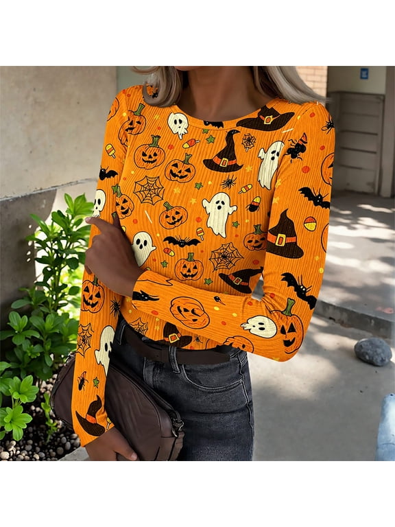 Womens Shirt Bright Orange Allover Halloween Top, Ribbed Knit Crewneck Tee with Ghost, Witch Hat & Candy Motif
