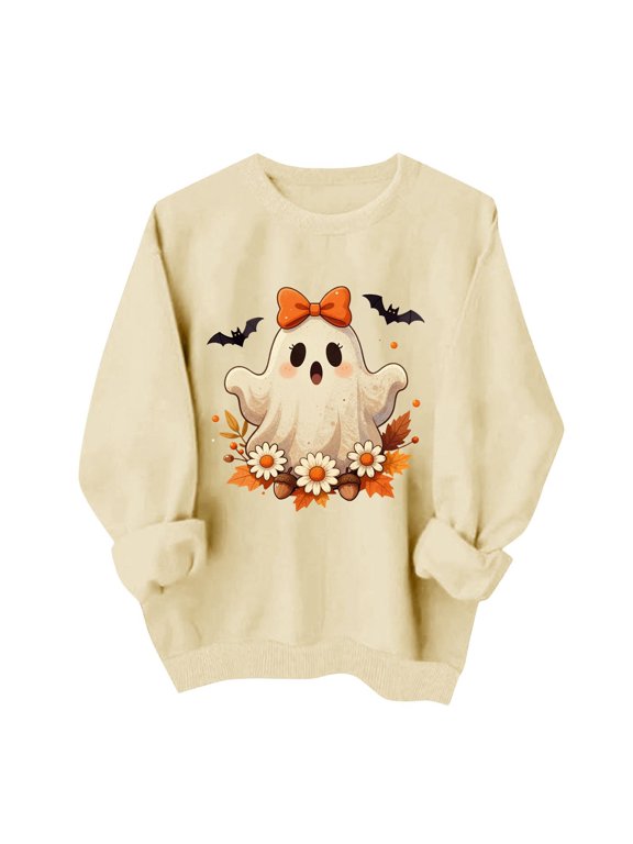 Womens Sweatshirt Cute Ghost Daisy Graphic Pullover, Bow Print Crewneck Long Sleeve Top, Halloween Casual Sweater