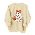 thumbnail image 1 of Hulanddfd Womens Sweatshirt Pink Ghost Pumpkin Print Pullover, Cute Bow Graphic Crewneck Long Sleeve Top, Halloween Casual Sweater, 1 of 5