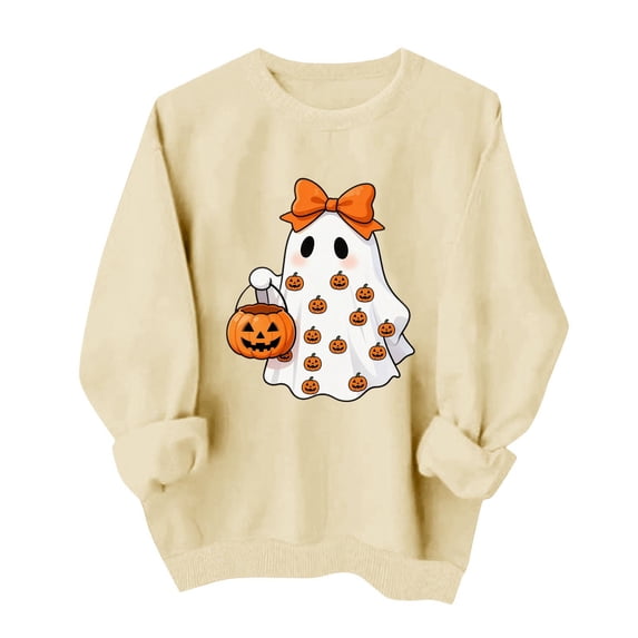 Hulanddfd Womens Sweatshirt Pink Ghost Pumpkin Print Pullover, Cute Bow Graphic Crewneck Long Sleeve Top, Halloween Casual Sweater