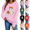 thumbnail image 1 of Hulanddfd Womens Sweatshirt Pink Ghost Pumpkin Print Pullover, Cute Bow Graphic Crewneck Long Sleeve Top, Halloween Casual Sweater, 1 of 5