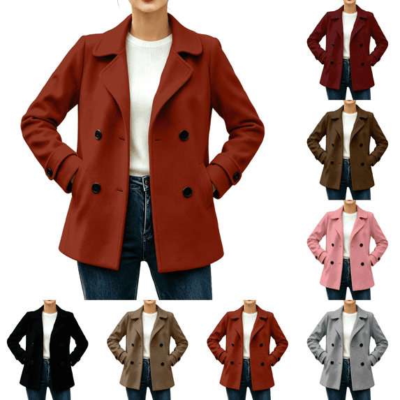 Hulanddfd Womens coat Elegant Coats Notched Lapel Double Breasted Short Pea Coat