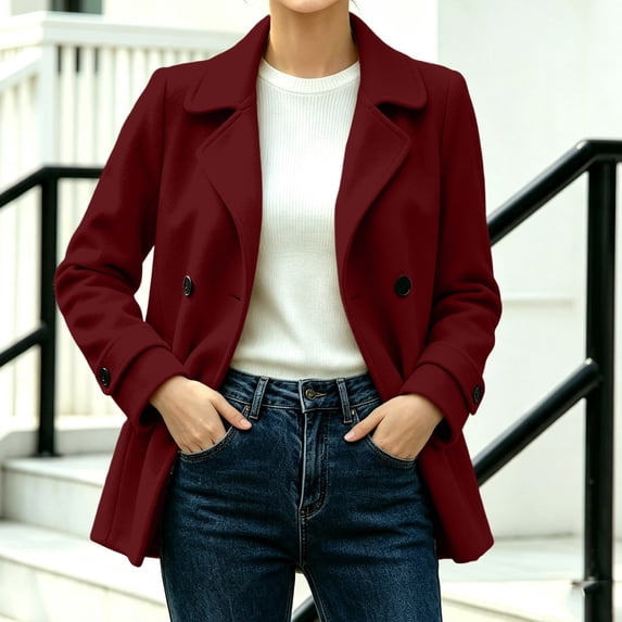 Hulanddfd Womens coat Elegant Coats Notched Lapel Double Breasted Short Pea Coat