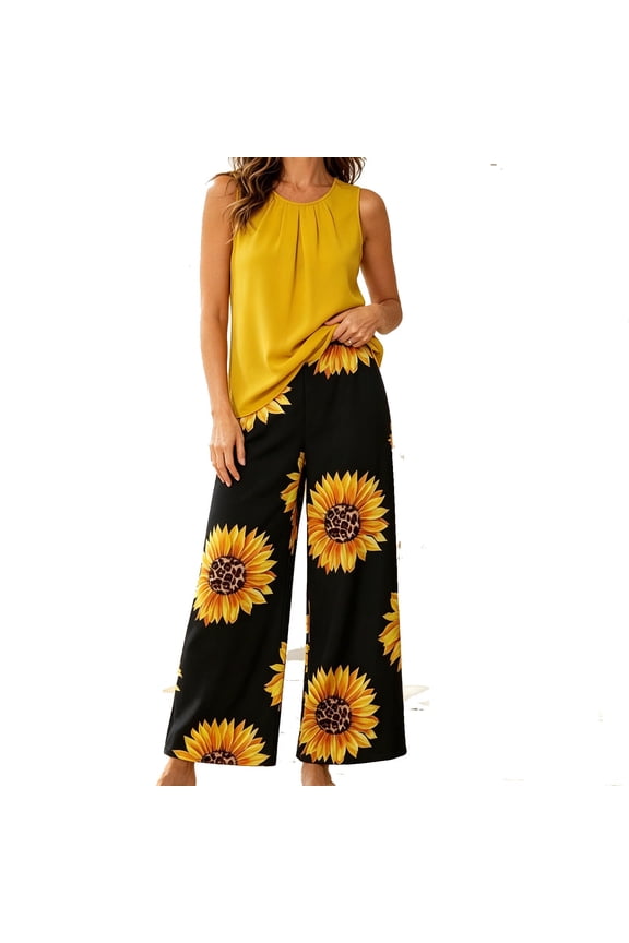 Hulanddffd Womens Pajama Sets Sleeveless Round-neck Tops Long Pants with Sunflower Print Sleeping Suit Set Yellow Size S