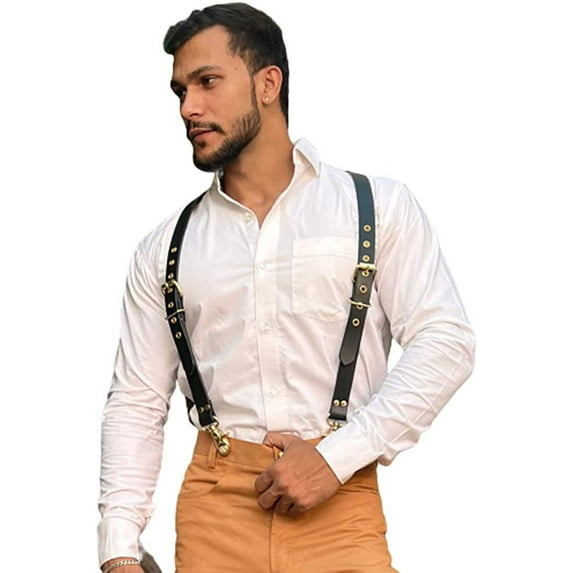 Hulara Leather Suspenders Men / Women Adjustable Back Y Design Dress Up Suspenders For Grooms/ Wedding/ Gift Men Suspenders With Heavy Duty Clips Black Suspenders