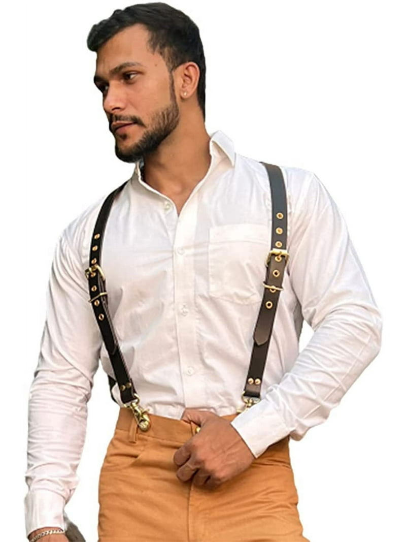 Hulara Leather Suspenders Men Women Adjustable Back Y Design