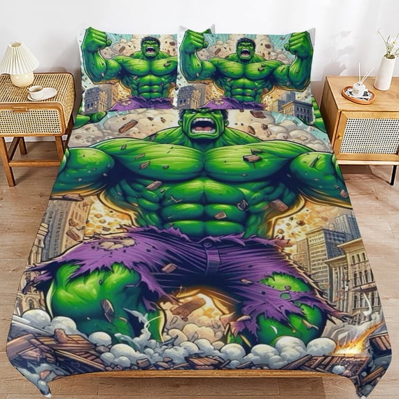 Hulk 3-Piece Bedding Set Super Hero Hulk Full Bed Set with Bed Duvet Cover and Pillowcases Gifts for Girls Boys