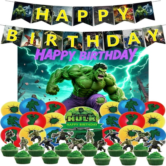 Hulk Birthday Party Supplies, Hulk Themed Party Set, Include Happy Birthday Banner, Backdrop, Balloons, Cupcake Toppers, for Kids Birthday, Baby Shower