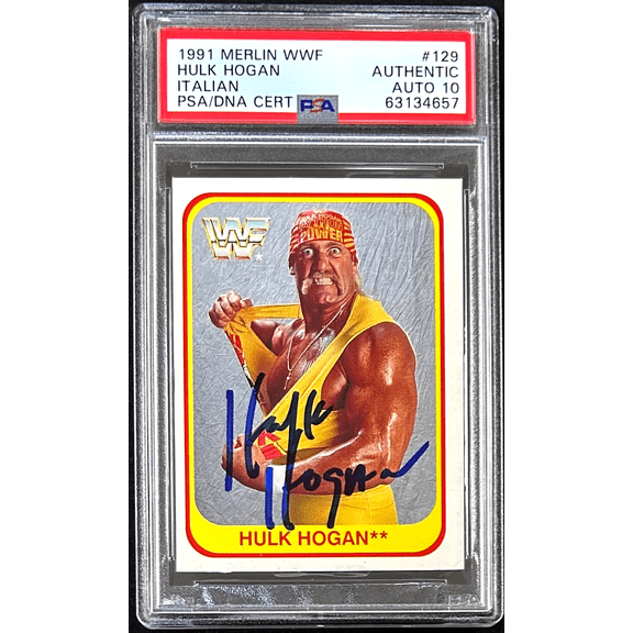 Hulk Hogan 1991 Merlin Italian WWF Card #129 PSA/DNA 63134657 Authentic Auto 10