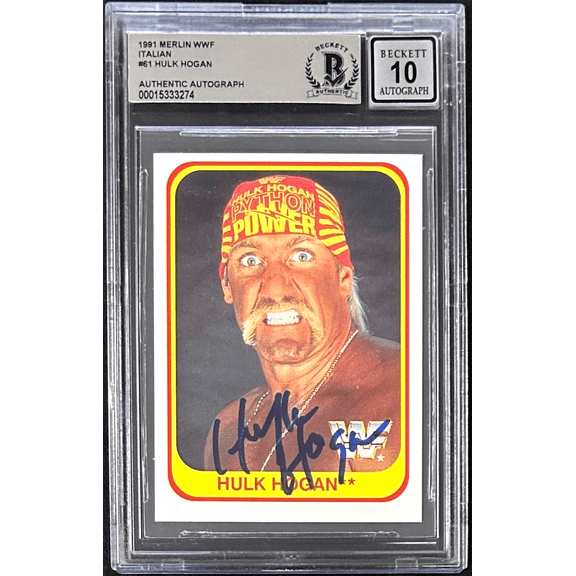 Hulk Hogan 1991 Merlin Italian WWF Card #61 Beckett 15333274 Authentic Auto 10
