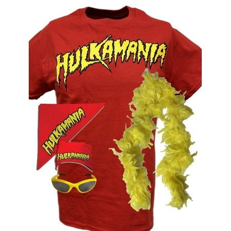 Hulk Hogan Hulkamania Red T-shirt Bandana Boa Glasses Costume 3XL