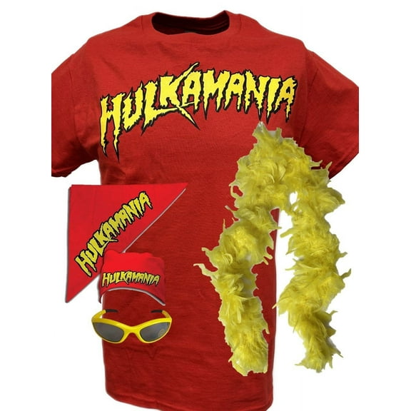 Hulk Hogan Hulkamania Red T-shirt Bandana Boa Glasses Costume 3XL