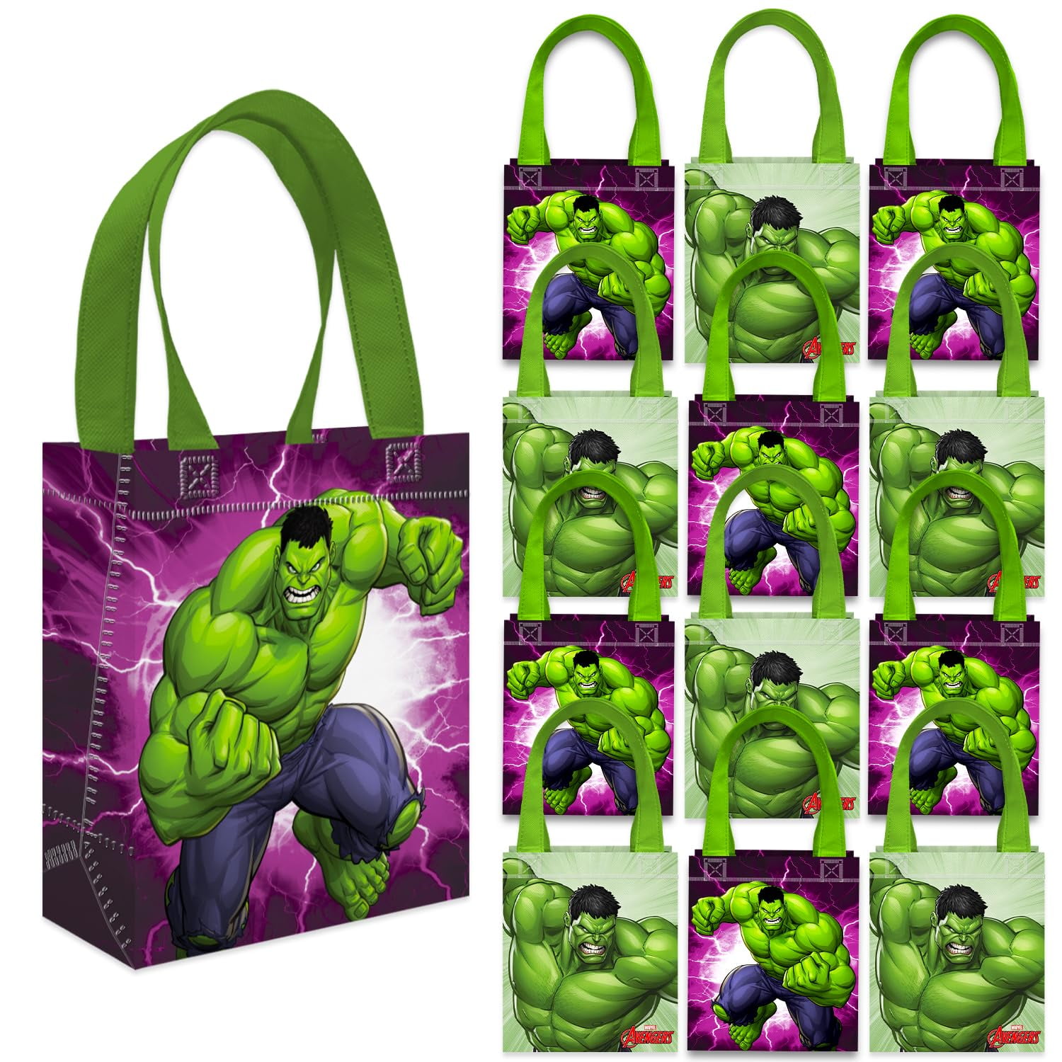 Hulk Party Favor Bags Set 12 Pack 8" Marvel Goodie Bags for Kids Bulk Reusable Mini Totes | Avengers Incredible Hulk Birthday Party Supplies
