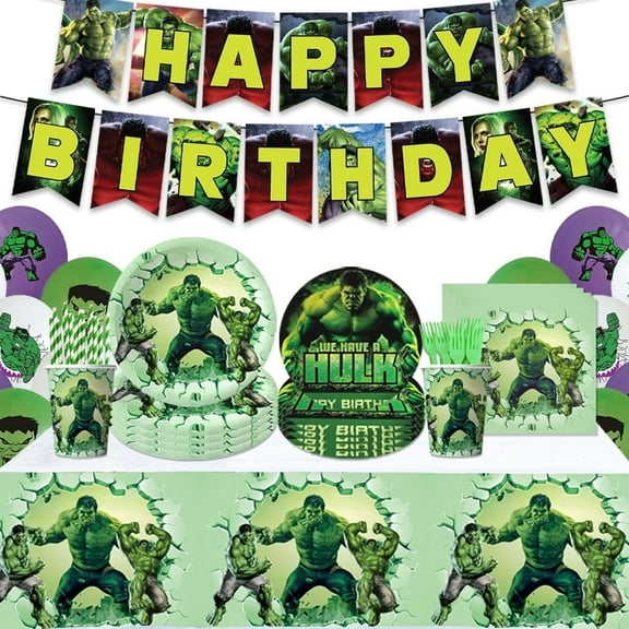 Hulk birthday party decoration supplies,Hulk party supplies include Hulk tablecloths,banners, plates, napkins, cups, Hulk party decorations for girls and kids