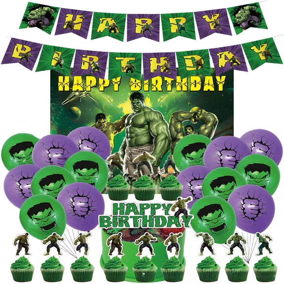 Hulk party decorations, Hulk birthday party set includes balloons, decorative backdrop, banner, and cake decorations.