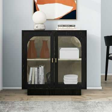 Huloretion Storage Cabinet With Glass Door, Glass Display Cabinet, Free Standing Accent Sideboard Buffet, Kitchen Storage Cabinet With Adjustable Shelves for Living Room, Entryway, Kitchen, Dinning Ro