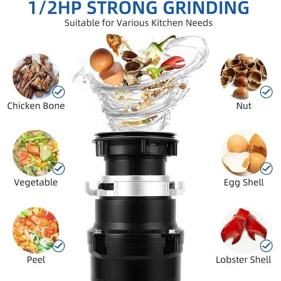 Huloretions 1/2 HP Garbage Disposer, EZ Connect Continuous Feed Food Waste Disposer with Power Cord and Flange, Stainless Steel Grinding Anti-Clog, for Kitchen Sinks