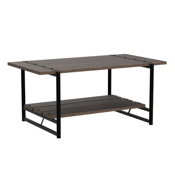 Huloretions 2-Tier Industrial Wood Coffee Table With Storage Shelf - Rustic Modern Metal Rectangle Center Living Room Coffee Table Accent Furniture For Home Office