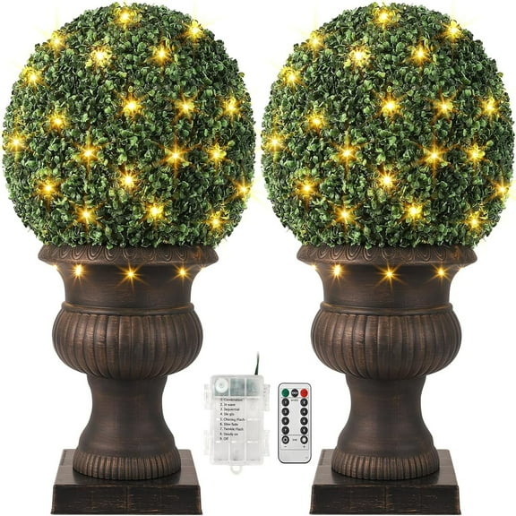 Huloretions 20” Artificial Plant Topiary Ball, Pre-Lit Artificial Topiary Plant with 50 Lights, Timer and Remote Control, Artificial Outdoor Porch Trees with Sturdy Pot for Outdoor Indoor，Red Urn Base
