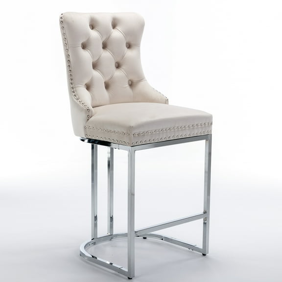 Huloretions 26" Bar Stools Set of 2,Upholstered Soft Dining Chairs Set Of 2,Velvet Barstools Chairs With Button Back Rivet Trim Backrest Cushions Chairs For Living Rooms Kitchen Dining Room