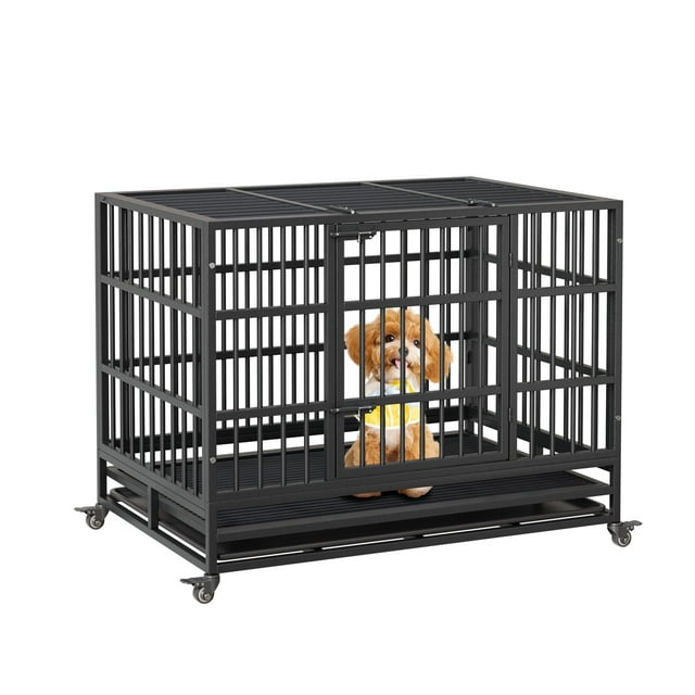 Huloretions 37''Dog Crate,Heavy Duty Metal Dog Kennel,Foldable Indoor Dog Cage with Double Door,360°Lockable Wheels and Removable Tray,Dog Crate Furniture for Small Medium Large Dogs