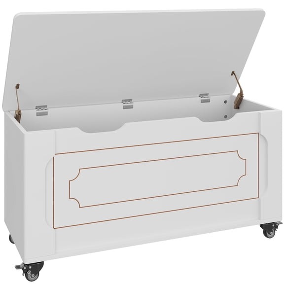 Huloretions 39.4"Storage Chest,Storage Bench With Wheels,Wooden Chest With 2 Safety Hinges,Round Corner Supports 350 Lbs,Storage Trunk For Entryway Living Room Bedroom