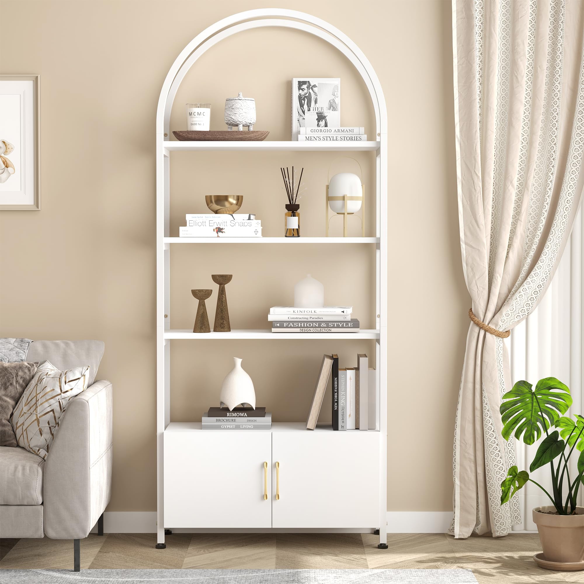 Gold and White 71.5" Tall Arched Bookshelf with Doors