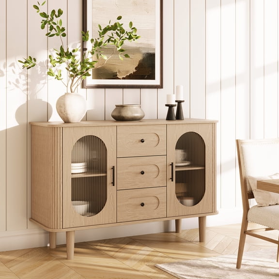 Huloretions 47.2" Sideboard Buffet Cabinet with Storage,2 Fluted Glass Doors & 3 Drawers & Adjustable Shelf,Modern Accent Coffee Bar Console Table for Kitchen, Entryway