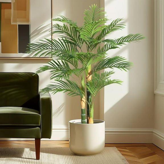 Huloretions 4FT Artificial Golden Cane Palm Tree, Pre Potted Tropical Palm Tree Uv Resistant Fake Plant for Home Decor Office House Ourdoor Indoor