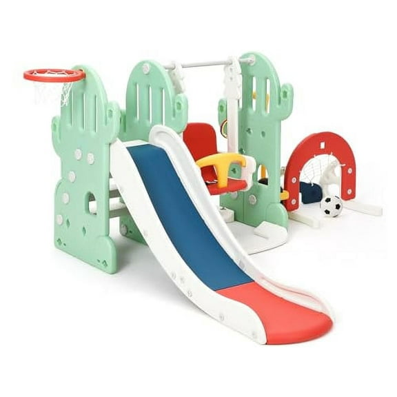 Huloretions 5 in 1 Toddler Slide And Swing Set,Large Slide With Basketball Hoop Soccer Golf,Indoor Slide And Swing Set Toddler Slide Climber Set For Toddlers