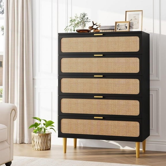 Huloretions 5 Drawer Dresser for Bedroom, Rattan Chest of Drawers with Deep Drawers, Large Modern Double Dresser for Closet with Wide Top, Horizontal Wooden Dresser for Living Room, Hallway, Kids Room