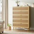 thumbnail image 1 of Huloretions 5 Drawer Dresser for Bedroom, Rattan Chest of Drawers with Deep Drawers, Large Modern Double Dresser for Closet with Wide Top, Horizontal Wooden Dresser for Living Room, Hallway, Kids Room, 1 of 8