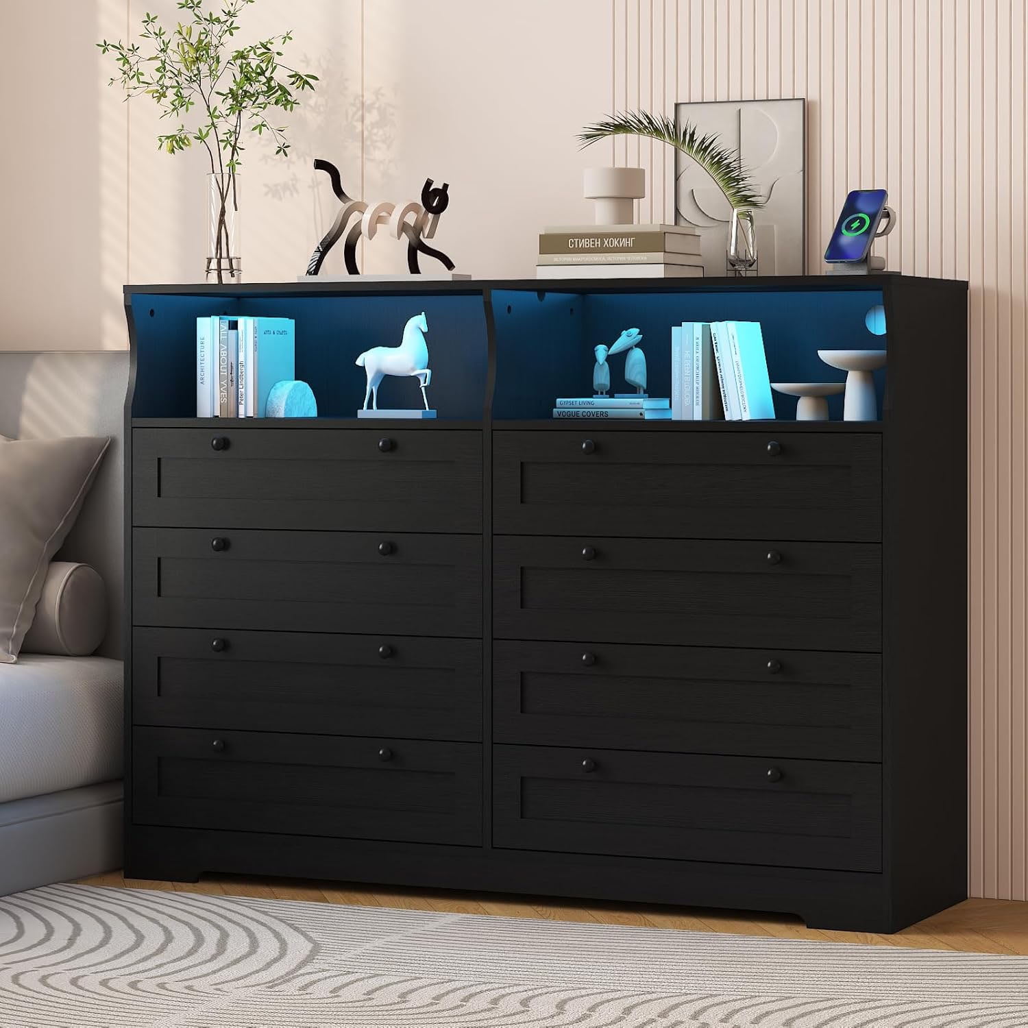 Huloretions 55" W Black Dresser for Bedroom, 8 Drawer Dresser with Led Lights and Charging ...