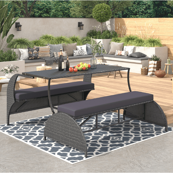 Huloretions 57.1" Outdoor Loveseat,Outdoor Table and Bench Chairs Convertible Picnic Upholstered Bench Table for Garden Yard Porch