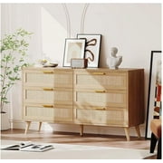 Huloretions 6 Drawer Dresser,Rattan Chest of Dressers,Mid Century Modern Dresser For Closet With Handles,Large Table Top Dresser For Bedroom Living Room Hallway 47.2" x 15.7" x 29.5"