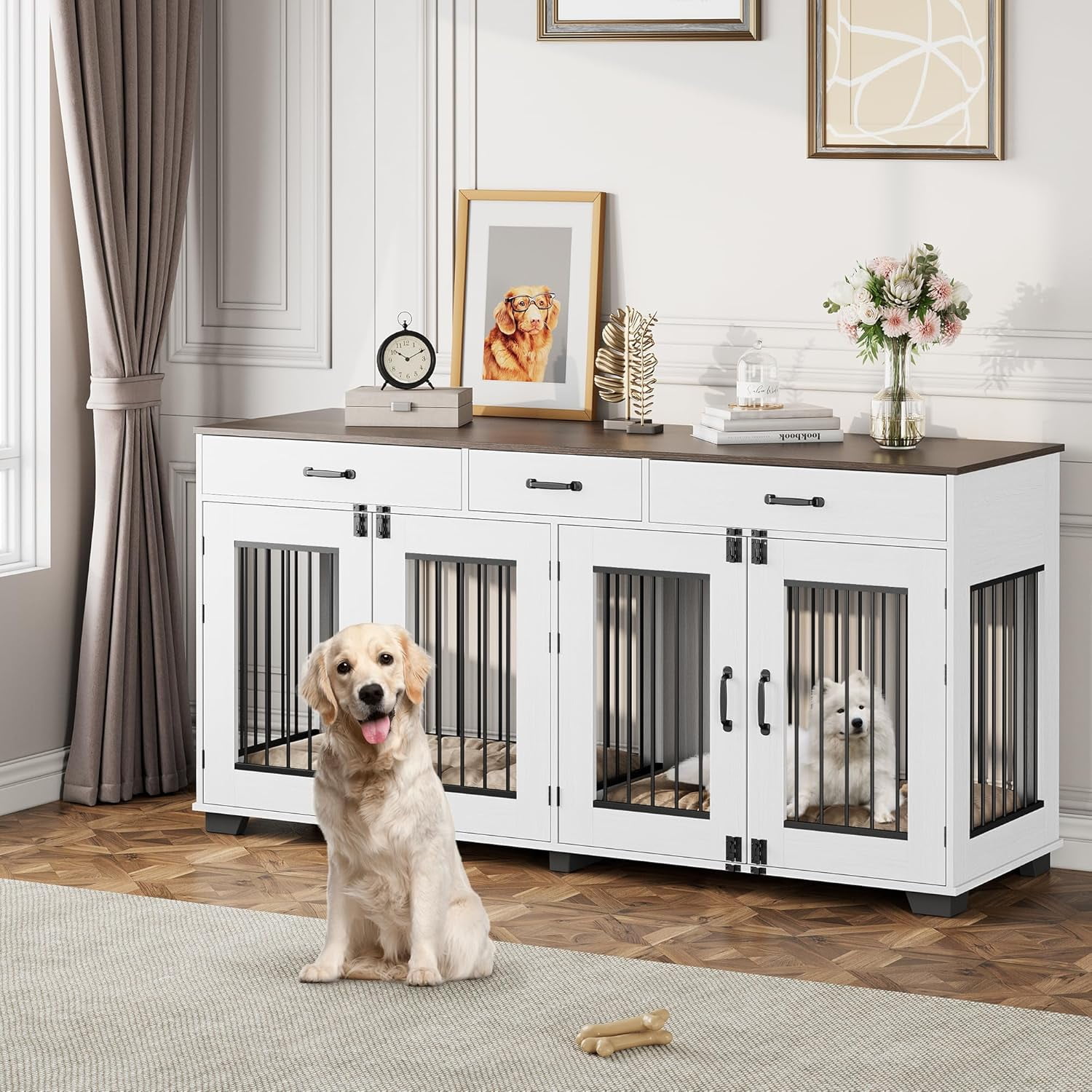 View of Huloretions 71'' Dog Crate Furniture for 2 Dogs, Wooden Double Dog ...