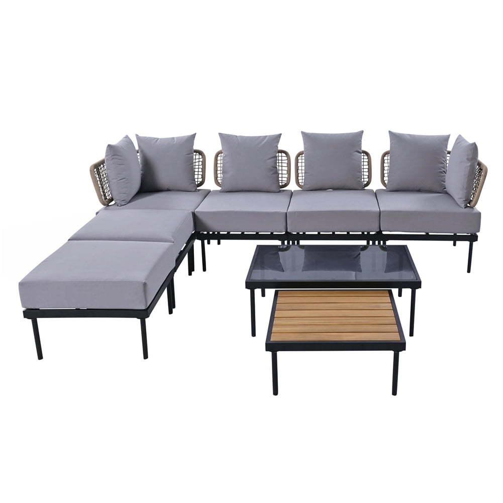 8-Piece Light Grey Steel Patio Sectional Sofa Set with Cushions