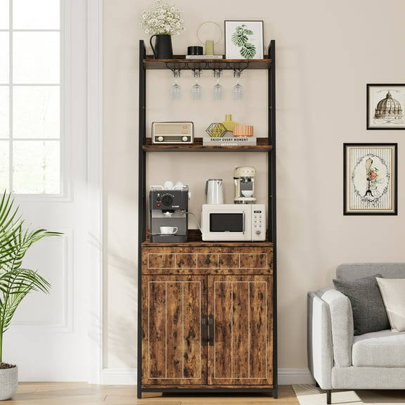 Huloretions Bakers Rack with Cabinet,70.8" Microwave Stand Tall Bar Cabinet,Farmhouse Freestanding Kitchen Pantry Hutch,Kitchen Stand Rack with Drawer,Coffee Bar Storage Shelves