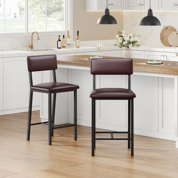 Huloretions Bar Stools Set of 2,Upholstered PU Leather Counter Height Barstools with Back and Metal Legs,Modern Chairs for Kitchen Island,Bar,Counter